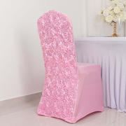 Satin Rosette Spandex Stretch Banquet Chair Cover Pink - Fitted Slip-On Slipcover