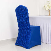 Royal Blue Satin Rosette Spandex Stretch Banquet Chair Cover, Fitted Slip On Chair Cover