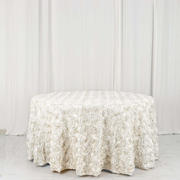 Satin Round Tablecloth 120" Ivory - Grandiose 3D Rosette Table Cover