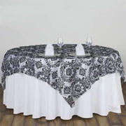 Flocking Table Overlay 90"x90" Black with Damask Design - Sophisticated Touch for Formal Events