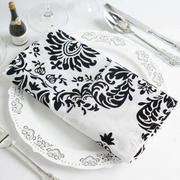 5 Pack Black/White Damask Flocking Cloth Dinner Napkins, Reusable Linen 20"x20"