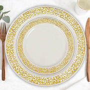 10 Pack Gold Lace Rim Ivory Plastic Dessert Appetizer Plates, Disposable Salad Plates 6"