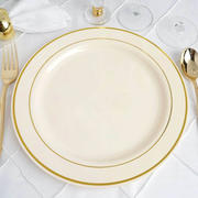 10-Pack Plastic Dinner Plates 10" Ivory with Très Chic Gold Rim - Stylish Disposable Plates for Events