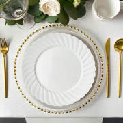 12-Pack Plastic Dinner Plates 10" Glossy White Swirl Rim - Round Disposable Party Plates