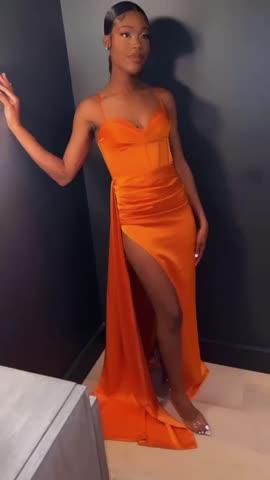 Elayna Orange Strappy Satin Corset High Slit Gown - Customer Photo From Tiffany Johnson